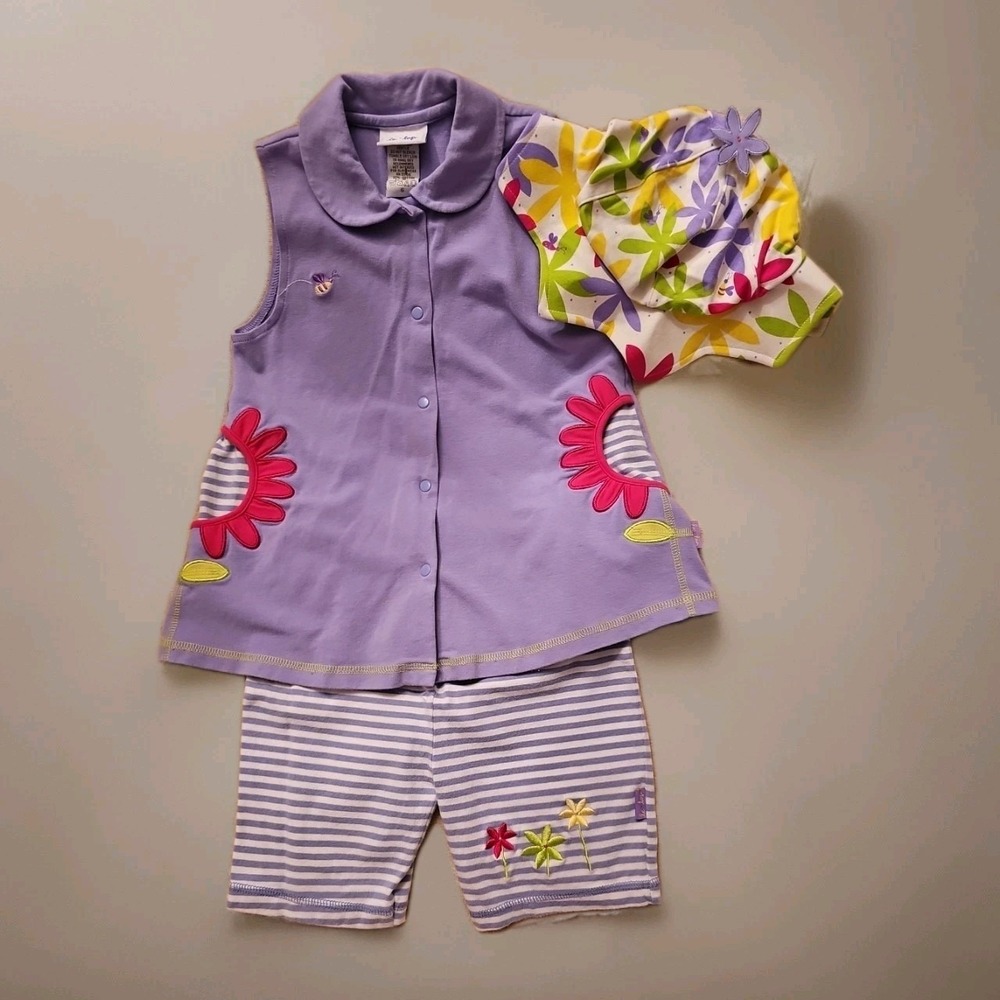 Vintage Le TOP Sz 6 Purple With Flowers Short Set W/ Matching Hat Y2K